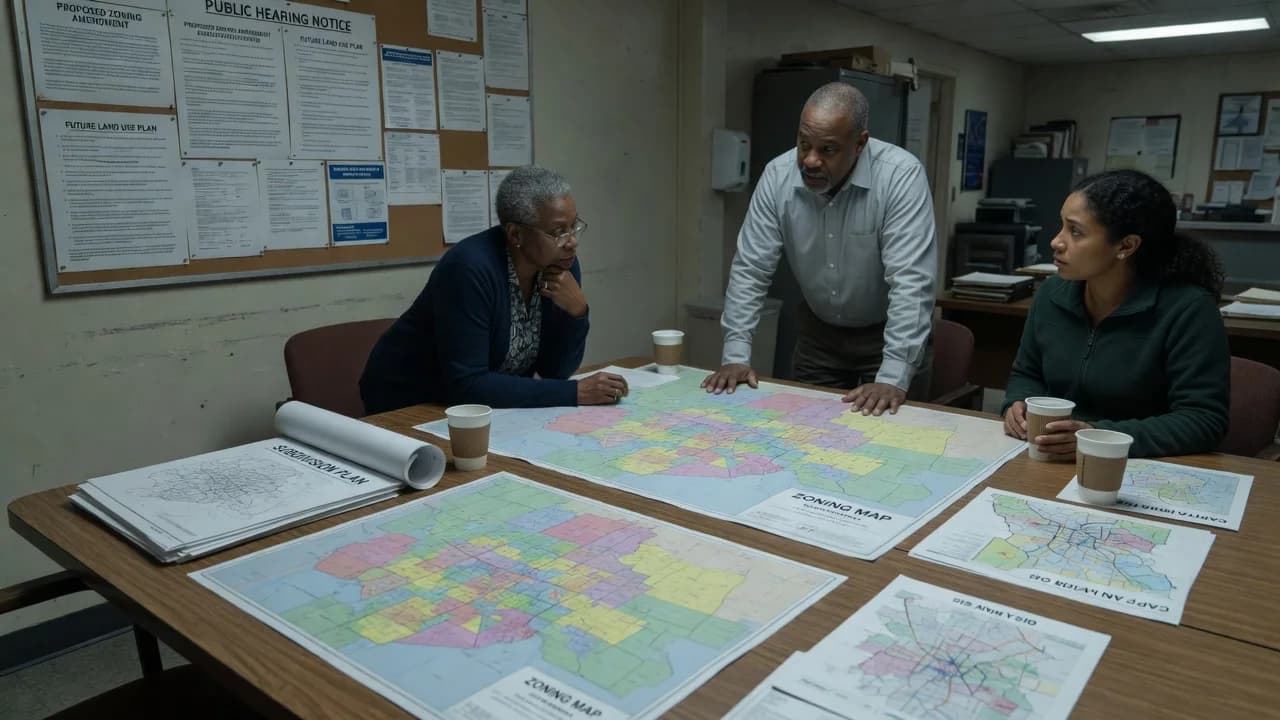 Municipal planning staff reviewing zoning maps and development materials around a conference table.
