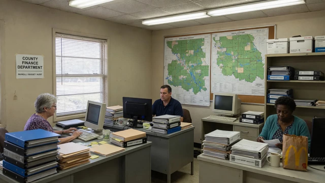 County finance employees working among budget binders, paper files, maps, and older office computers.