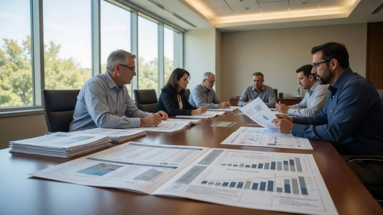 Analysts reviewing budget documents and financial data together at a conference table.