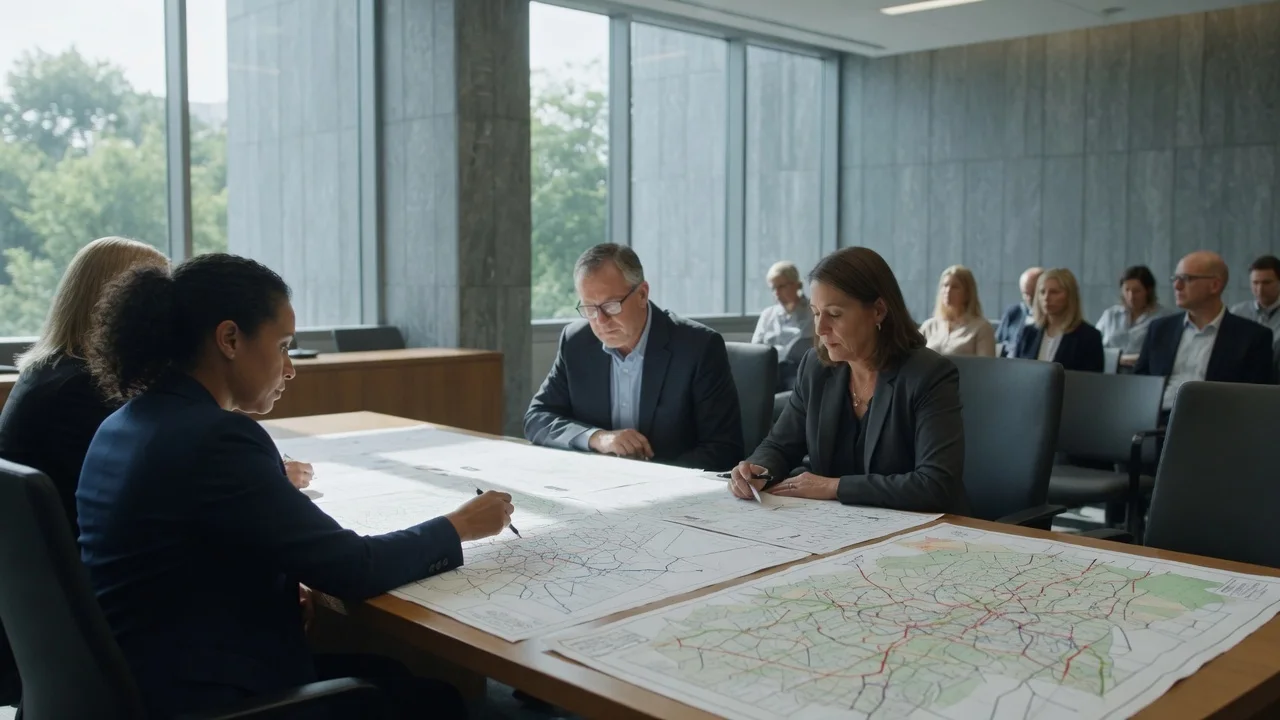Municipal officials reviewing large zoning and road-network maps at a conference table while residents observe.