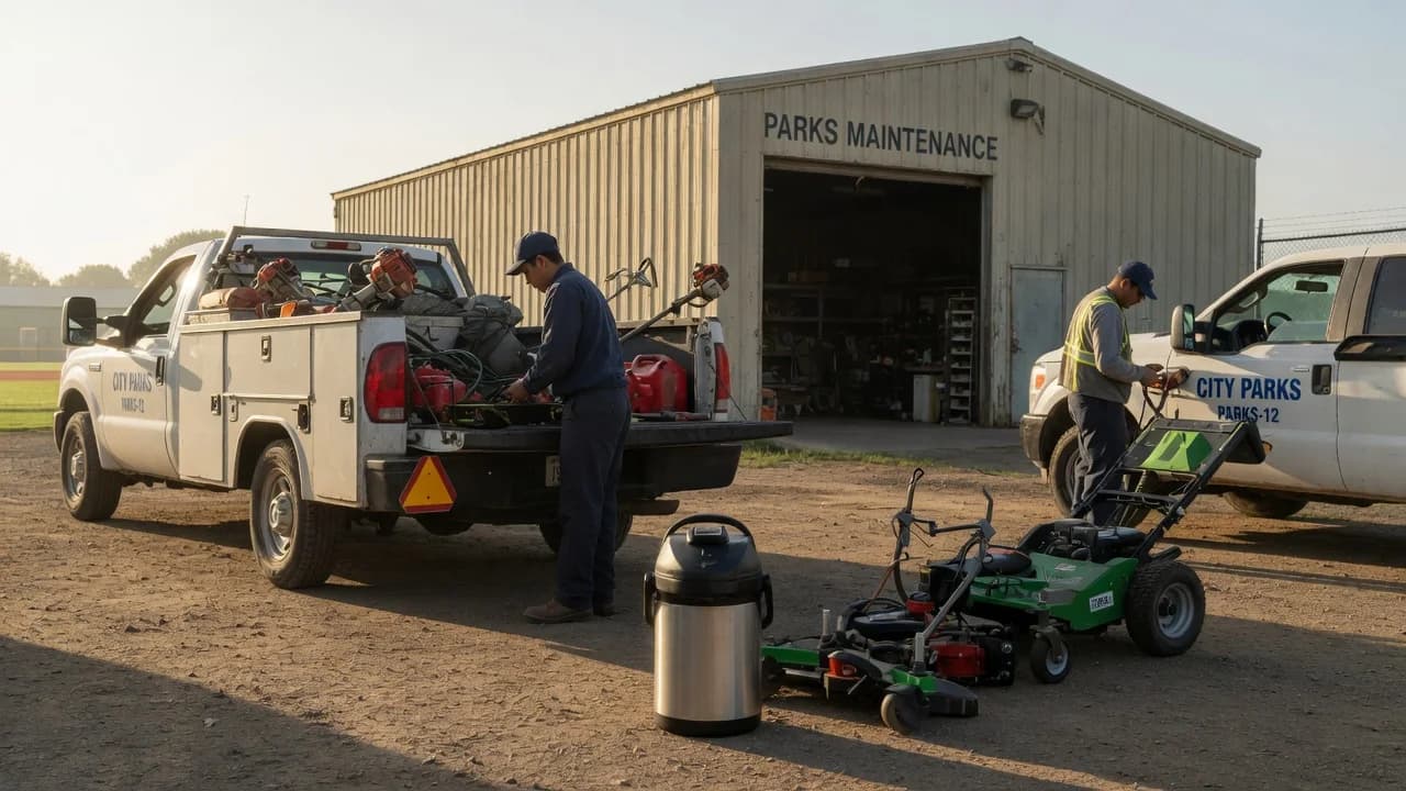 Municipal parks employees preparing maintenance equipment beside city service trucks and a parks maintenance building.