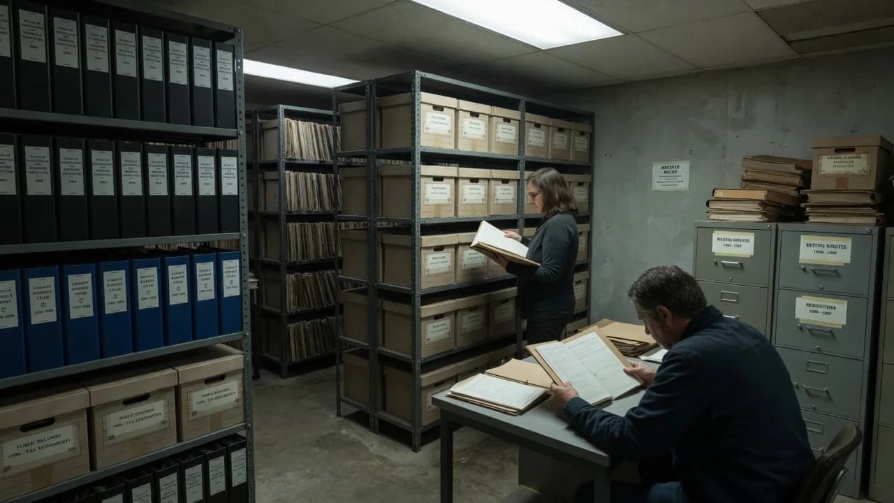 Two researchers reviewing archived public records in a government records room lined with binders, files, and storage boxes.