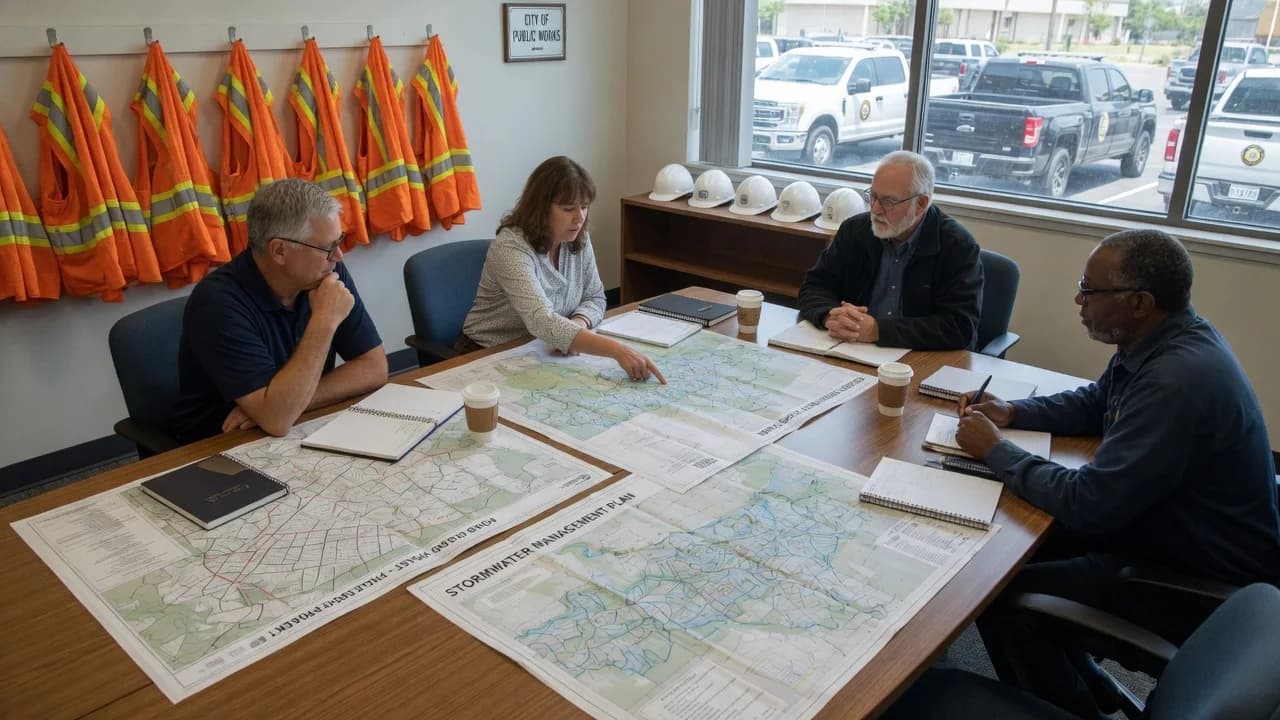 Public-works staff reviewing stormwater, roadway, and infrastructure maps around a conference table.