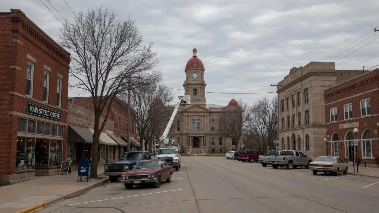 A small American civic district with a courthouse, city hall, local storefronts, parked vehicles, and a municipal service truck.