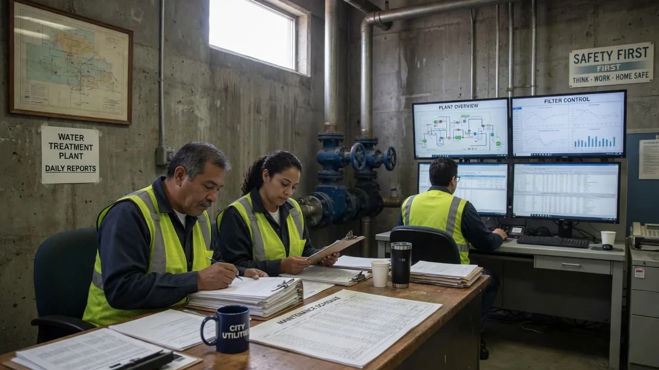 Municipal water-utility employees reviewing operating reports and computer displays inside a treatment facility.