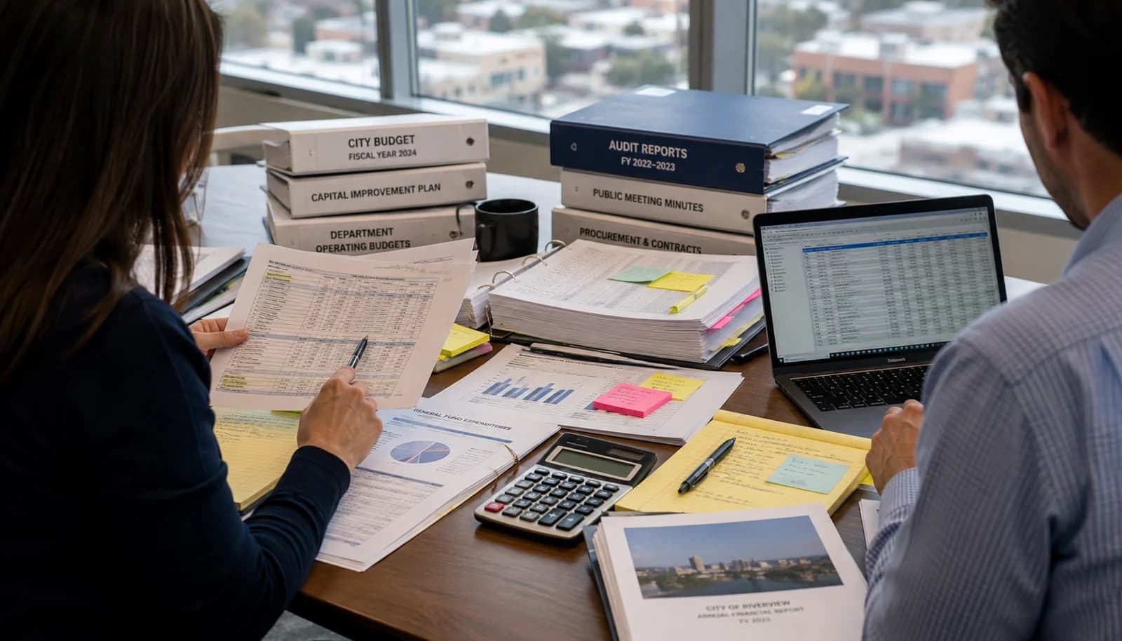 Researchers reviewing municipal budget documents, audit reports, public meeting materials, and financial records.