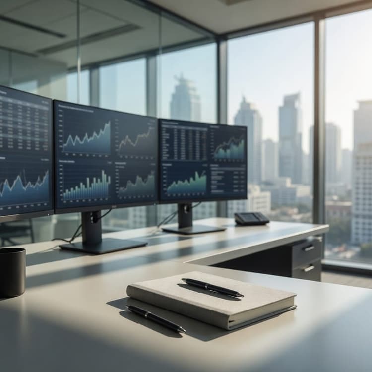 A financial analyst's workstation with market data on multiple screens overlooking a city skyline.