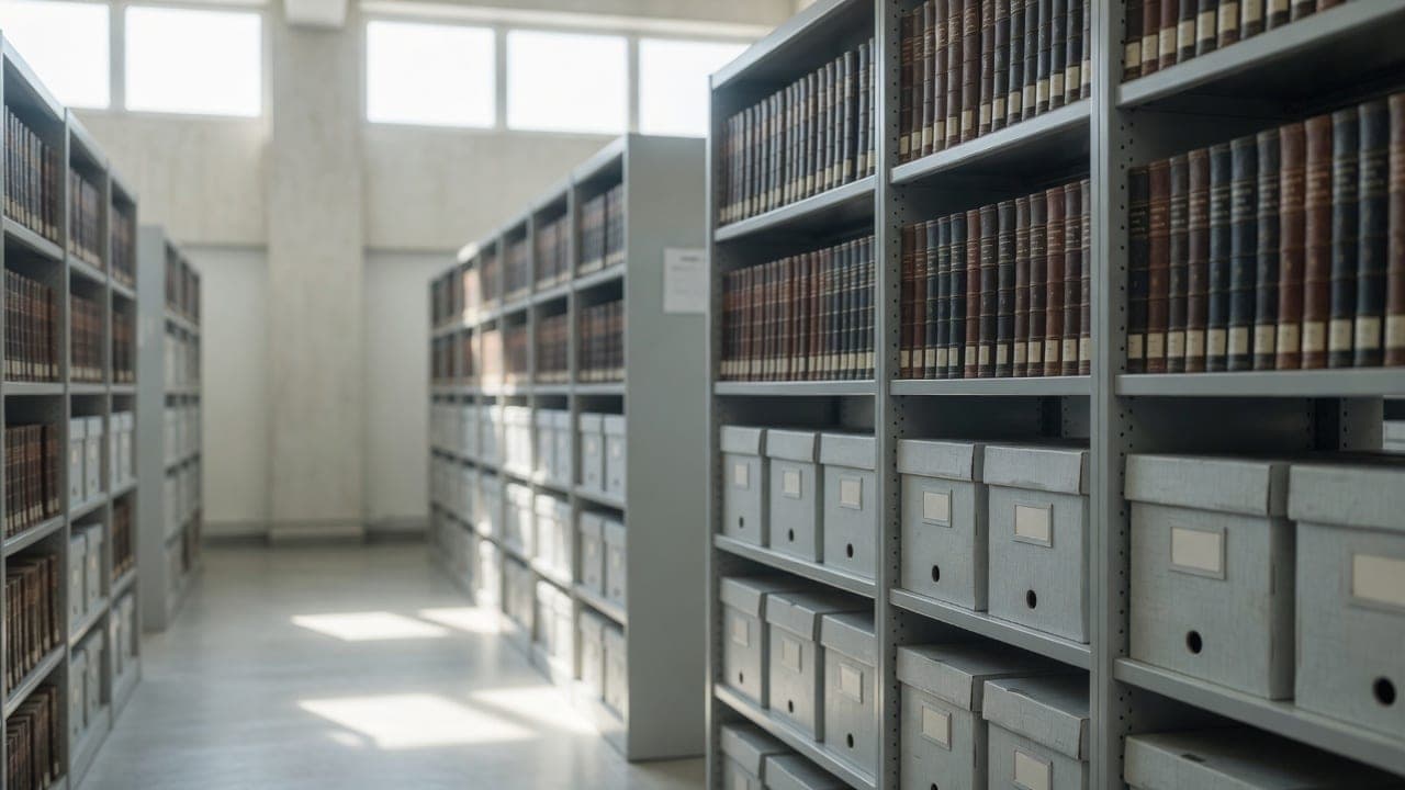 Rows of shelving filled with bound public records and document boxes in a daylit government archive.