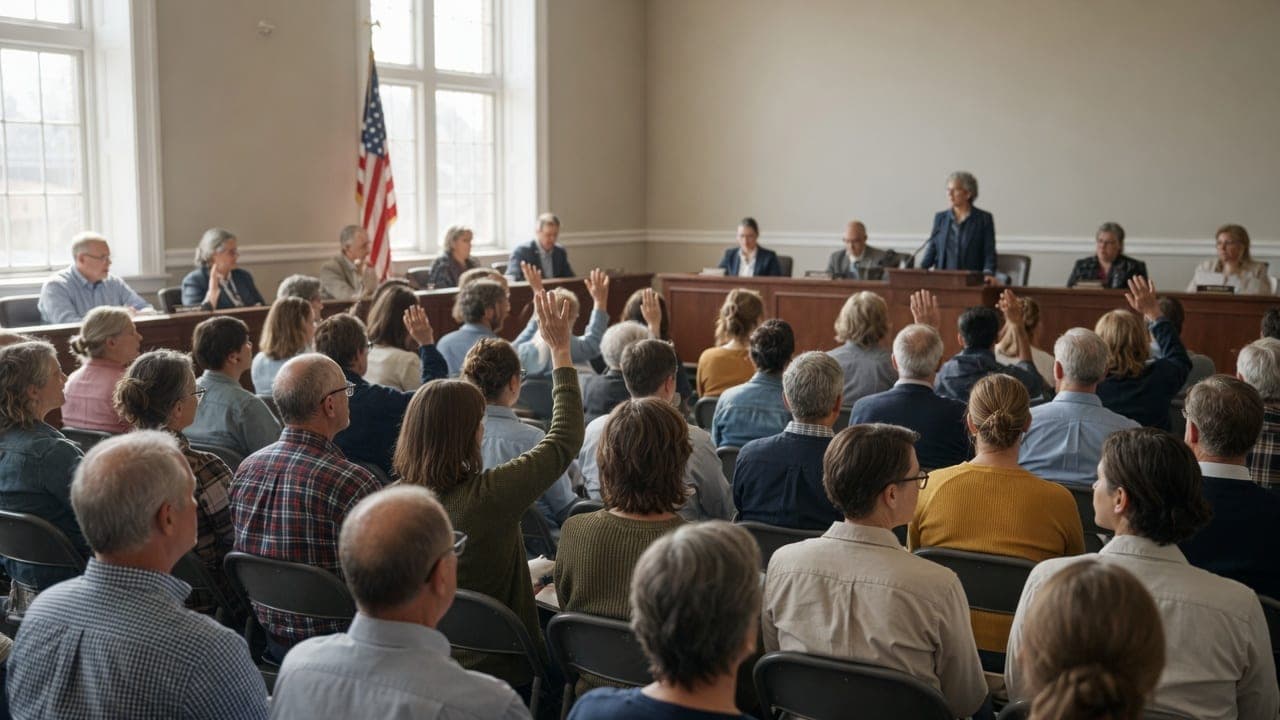 Residents raising their hands at a local government meeting while officials listen from the dais.
