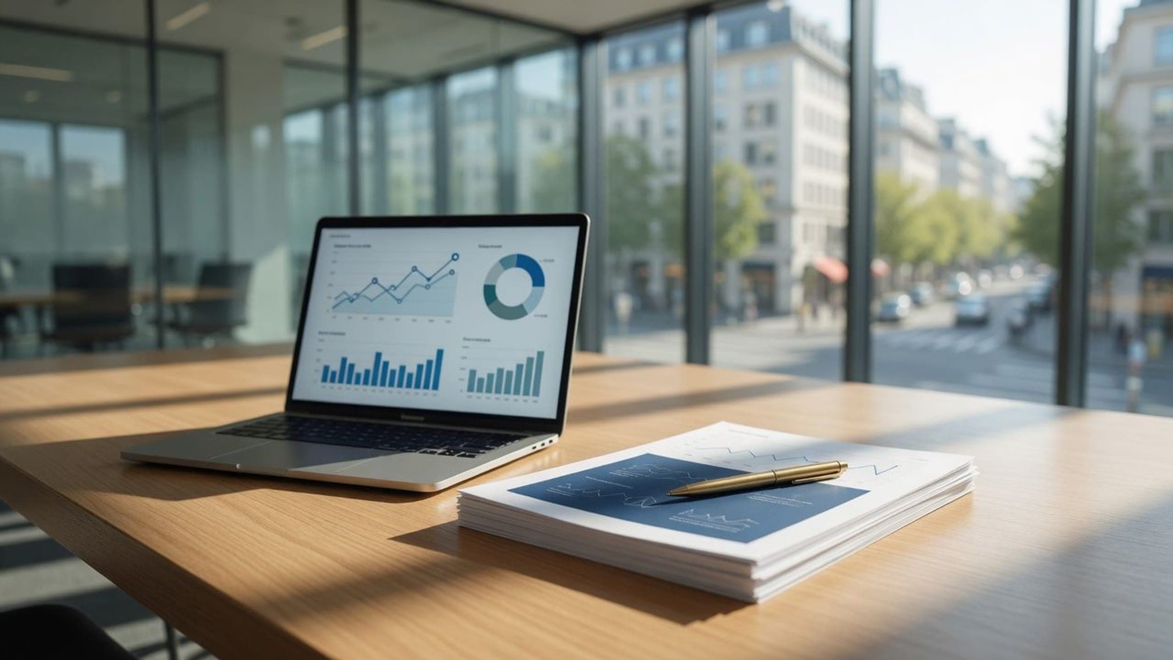 A laptop showing financial charts beside a stack of printed reports and a pen on a conference table, a city street visible through the window.