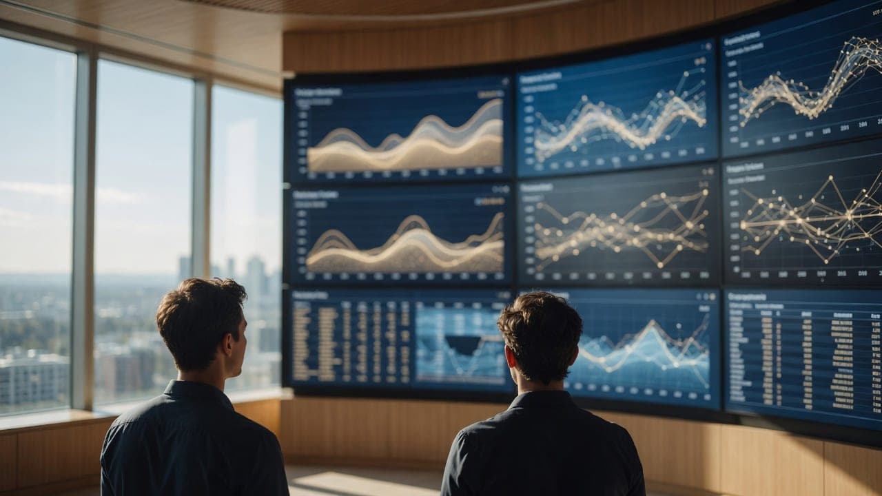 Two analysts reviewing large data visualizations on a wall of displays in a daylit office.