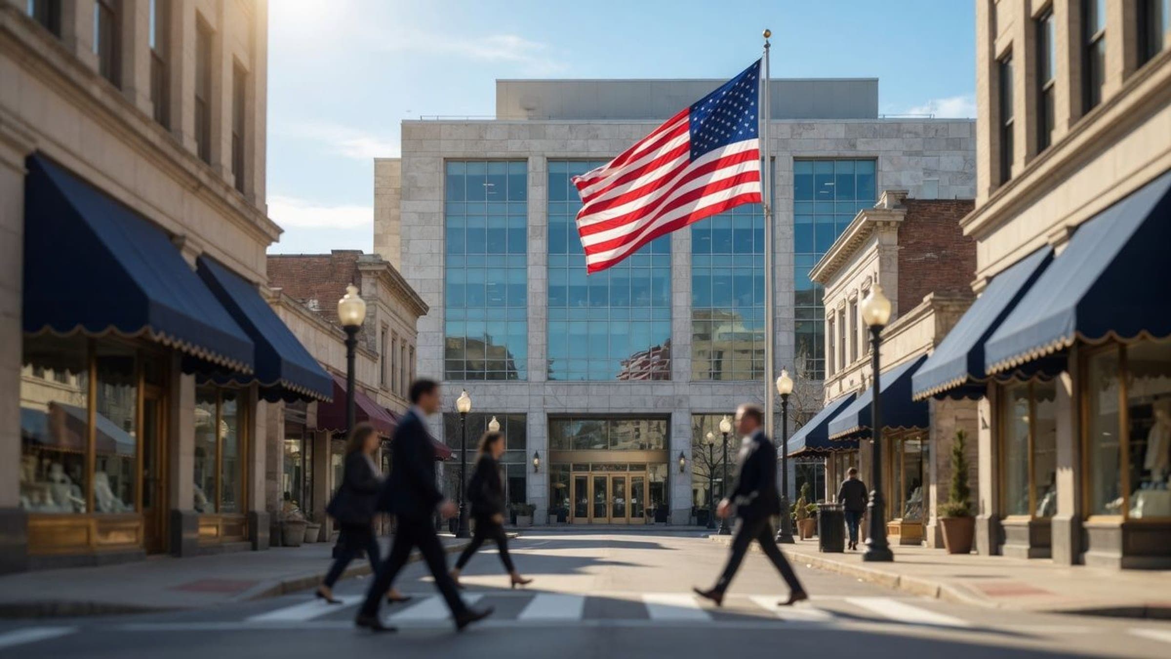 A busy downtown main street in the morning sun, pedestrians crossing in front of a marble-and-glass government building flying an American flag.