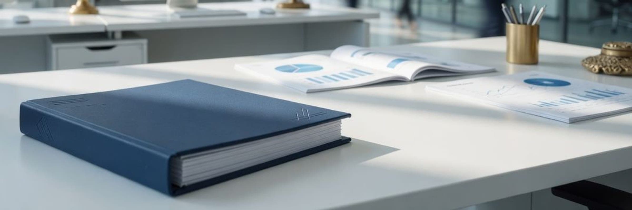 A navy government ledger on a white office desk beside printed financial charts, an analyst's workspace.
