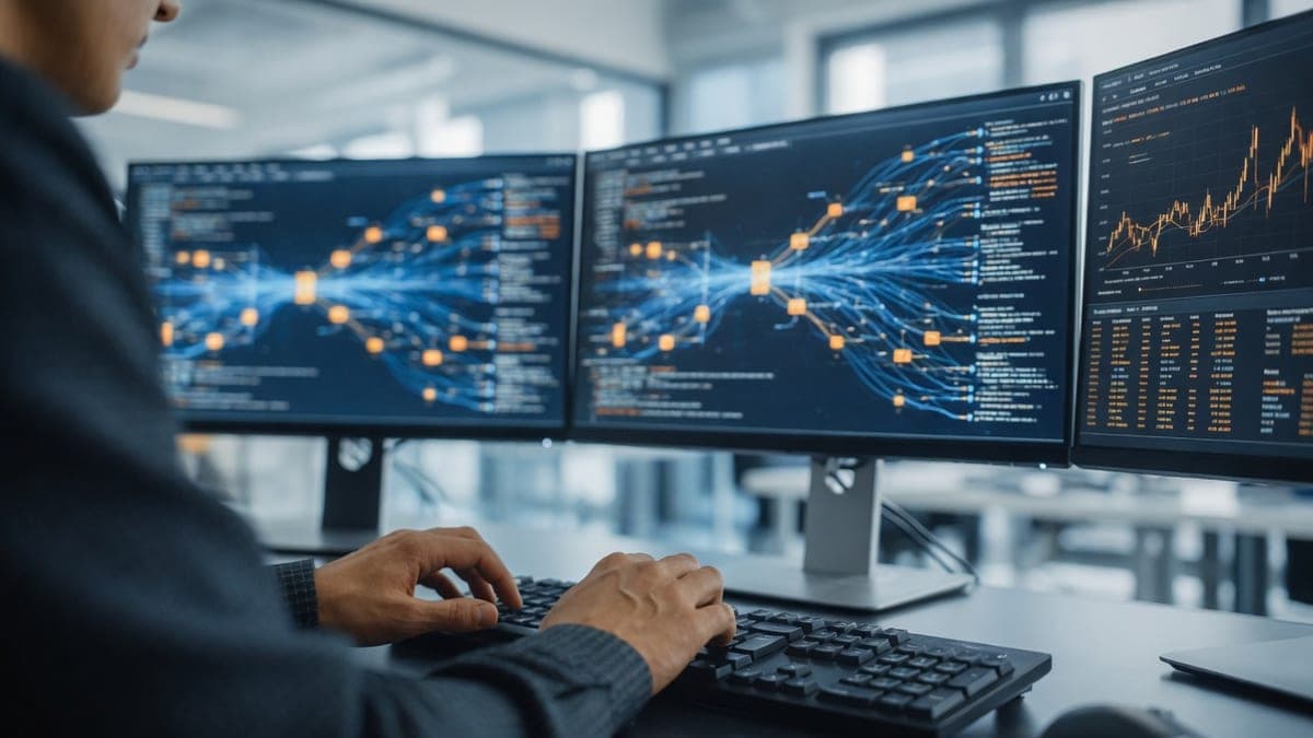 An analyst reviewing data dashboards across multiple monitors in a modern office.