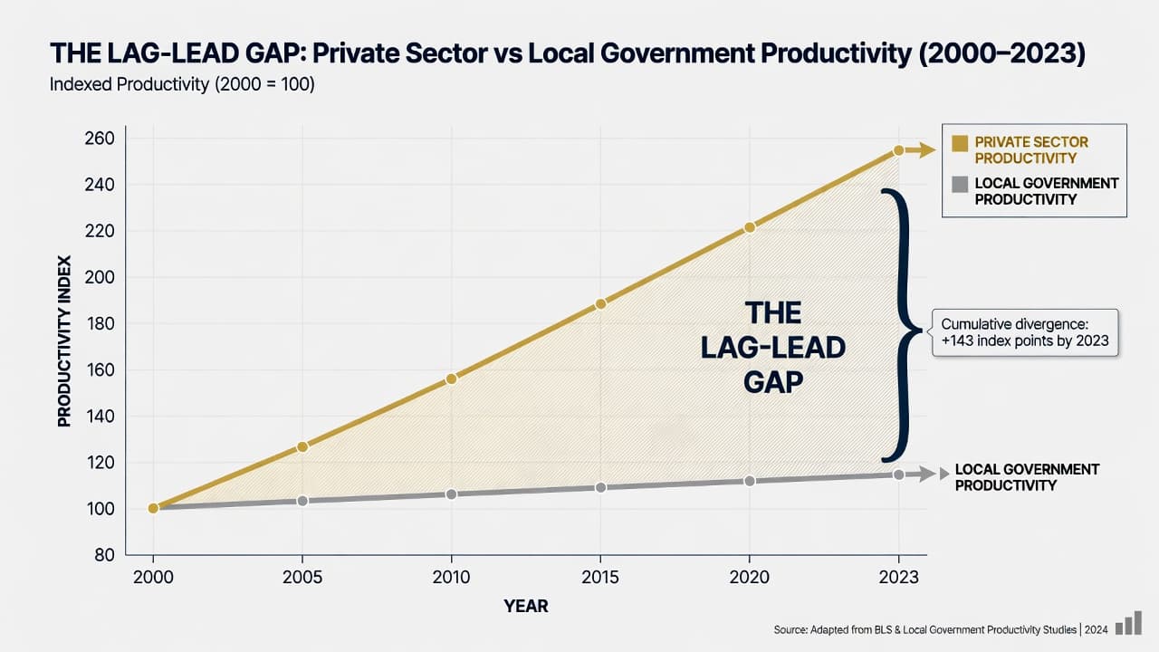 The Lag-Lead Gap — private sector productivity has risen sharply since 2000 while local government productivity has stayed nearly flat, a divergence of roughly 143 index points by 2023.