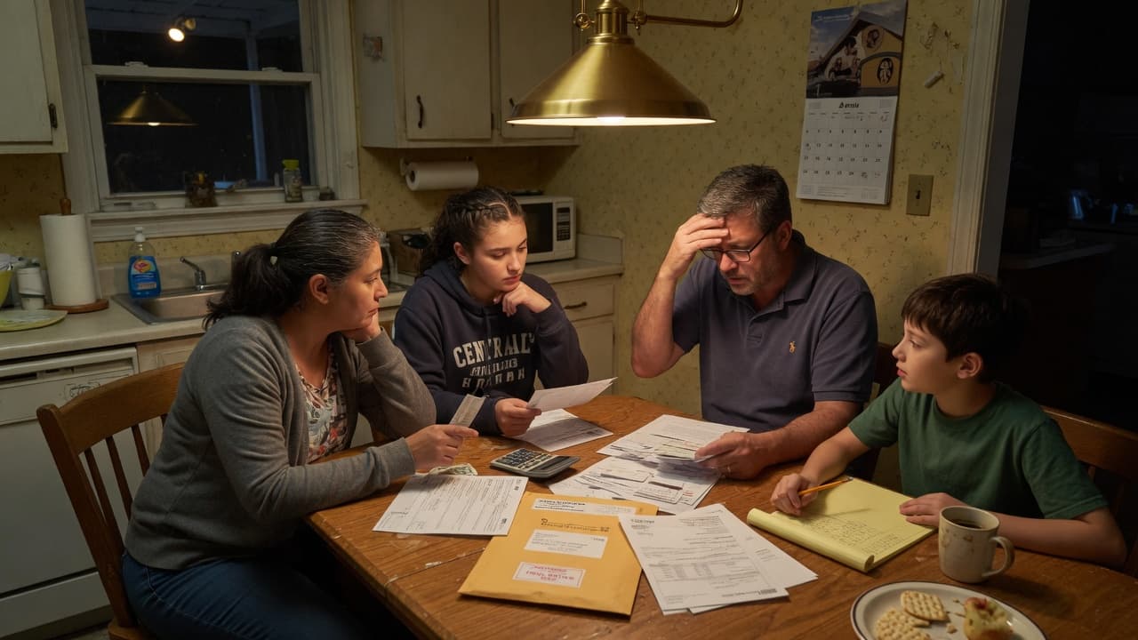 A working family reviews bills and a property tax statement at their kitchen table at night.