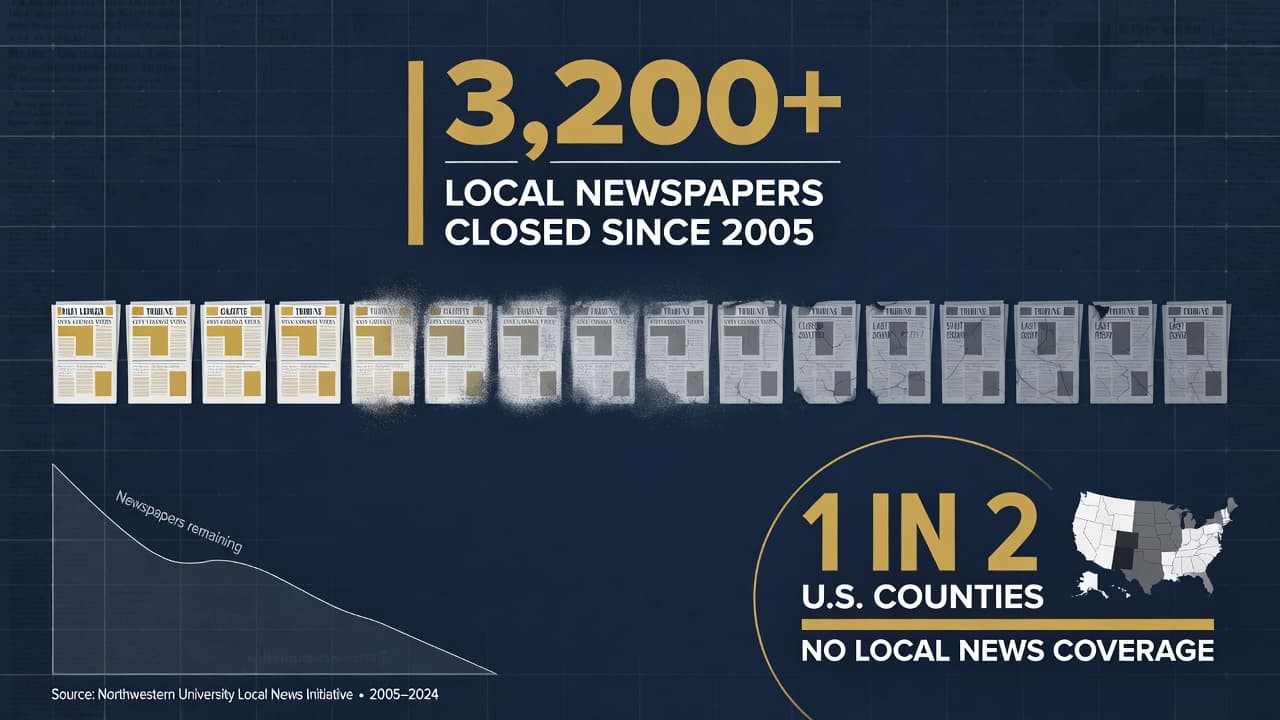 The decline of local news — over 3,200 local newspapers closed since 2005, and one in two U.S. counties now has no local news coverage.