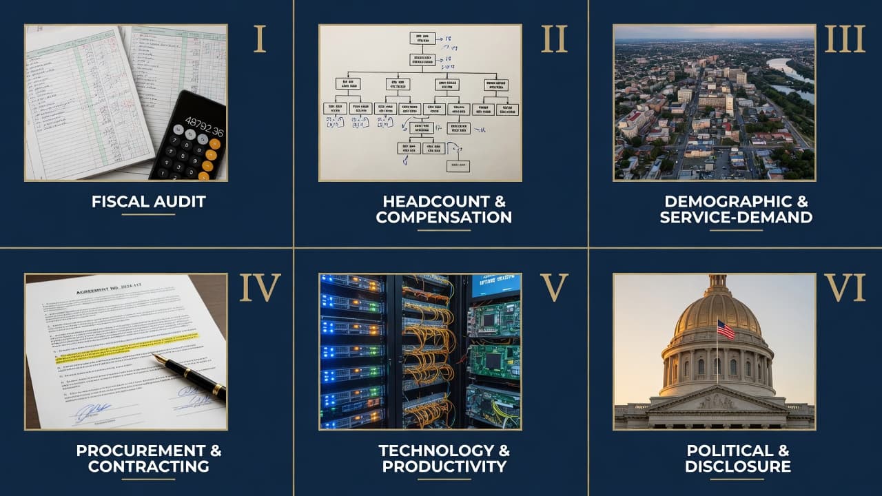 The Six-Pillar Audit Framework — Fiscal Audit, Headcount and Compensation, Demographic and Service-Demand, Procurement and Contracting, Technology and Productivity, Political and Disclosure.