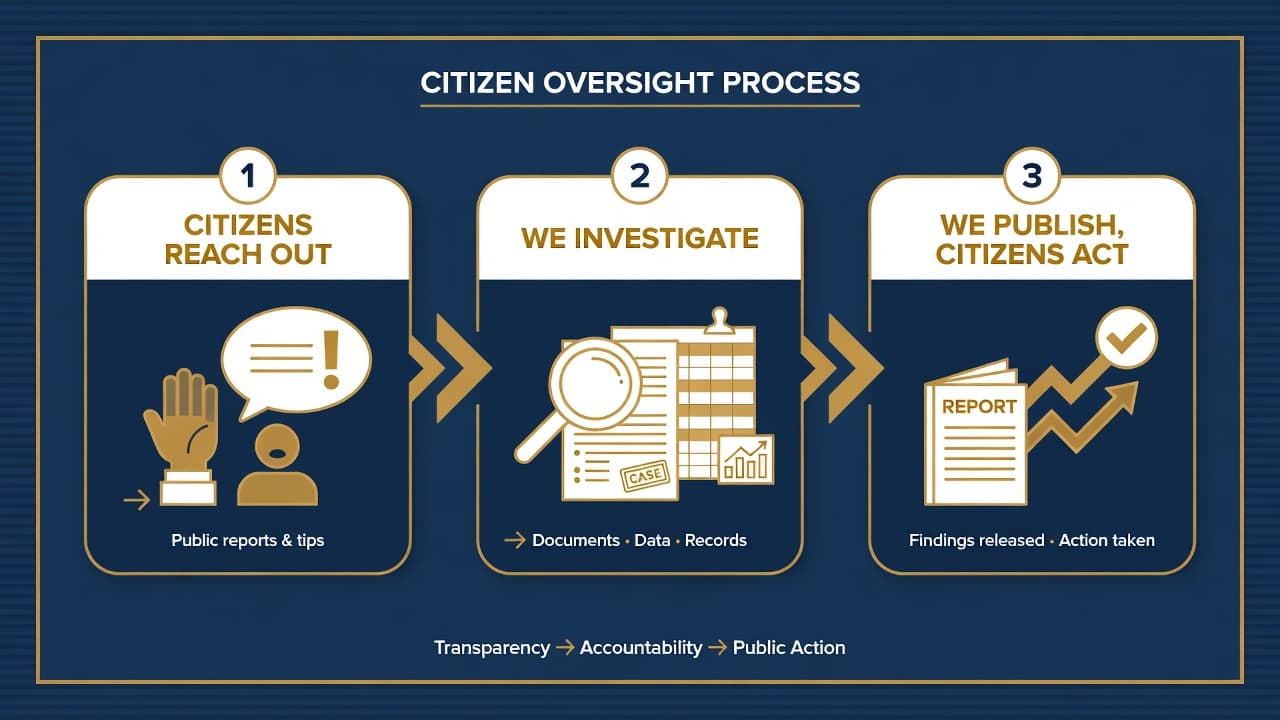 How LGAI works in three steps — citizens reach out, we investigate, we publish and citizens act.