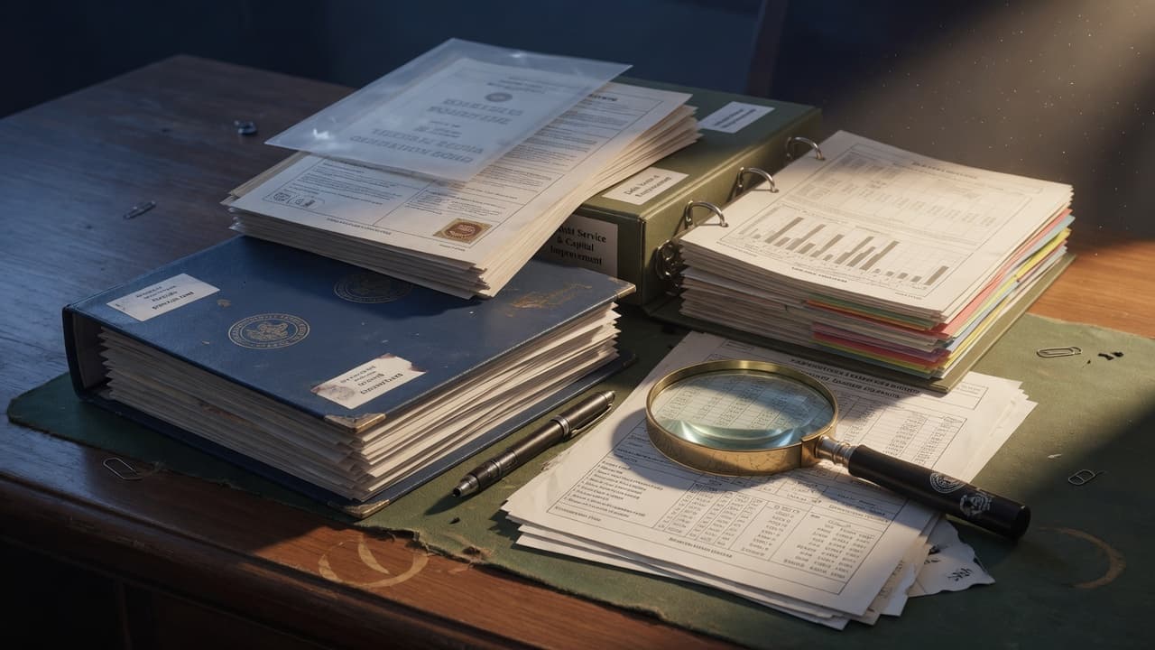 Public records under forensic review — magnifying glass over government documents